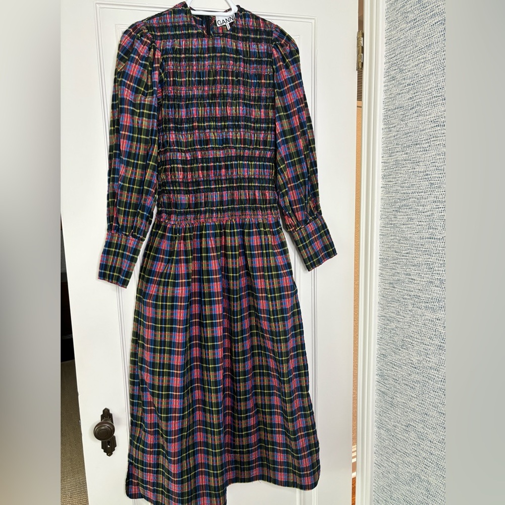 Ganni Multicolor Plaid Long Sleeve Dress